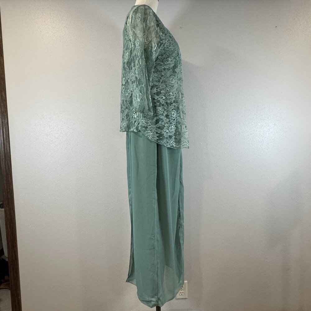 Womens Size 8 Sage Green Floral Lace Chiffon 3 Pc Pant Suit with Jacket Wide Leg - Picture 4 of 16